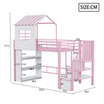 House Loft Bed 90x200cm with Storage Shelf & Stairs, Pink Iron
