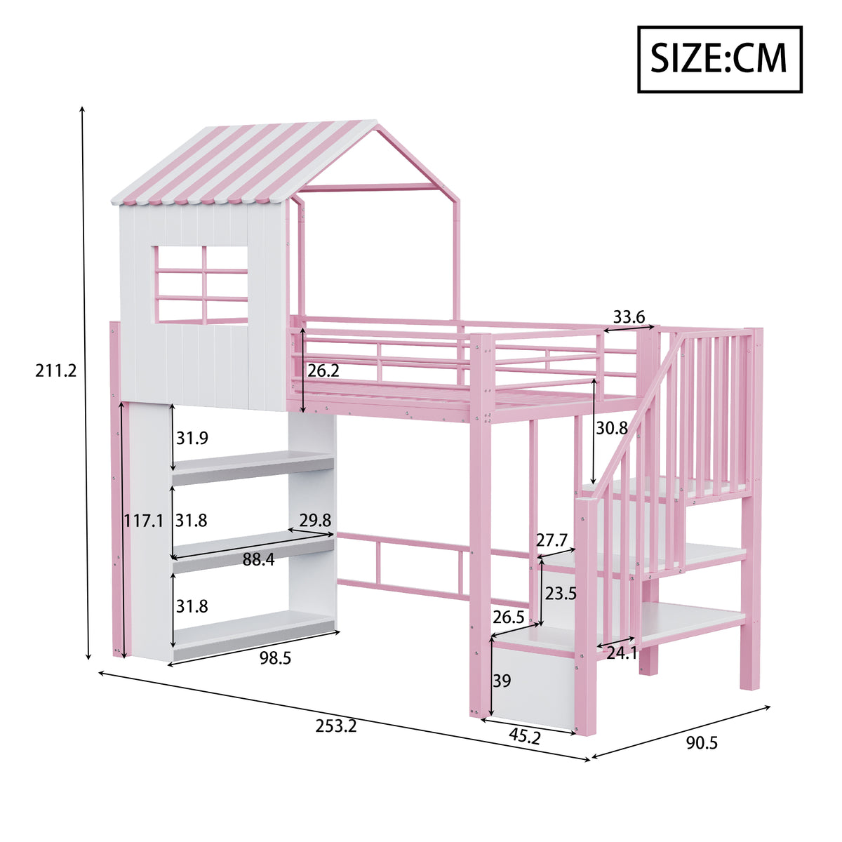 House Loft Bed 90x200cm with Storage Shelf & Stairs, Pink Iron