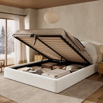 Upholstered Double Bed, 180x200cm Hydraulic Storage Headboard, Beige Bouclé