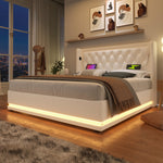 Upholstered Double Bed, Hydraulic Storage with USB & LED, White PU