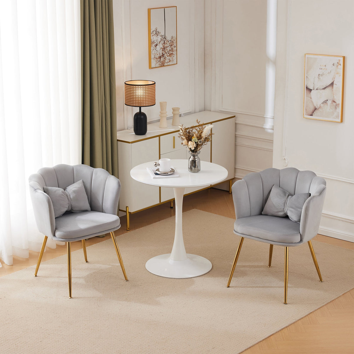 Velvet Chairs, Set of 2 Modern Upholstered with Petal Backs & Butterfly Cushions, Gold Metal Legs
