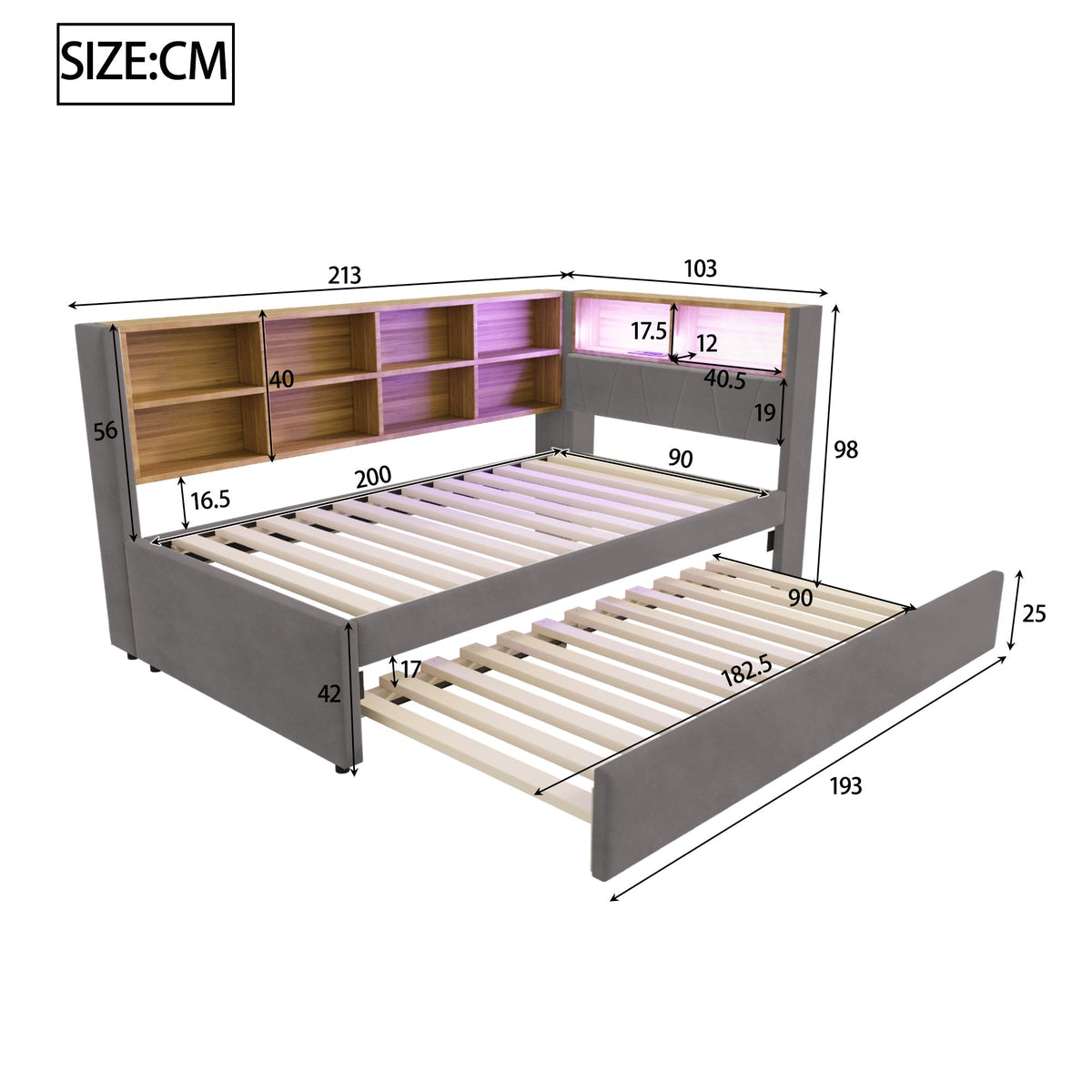 Sofa Bed 90x200 Pull-Out LED/Storage Upholstered Flannel Dark Grey