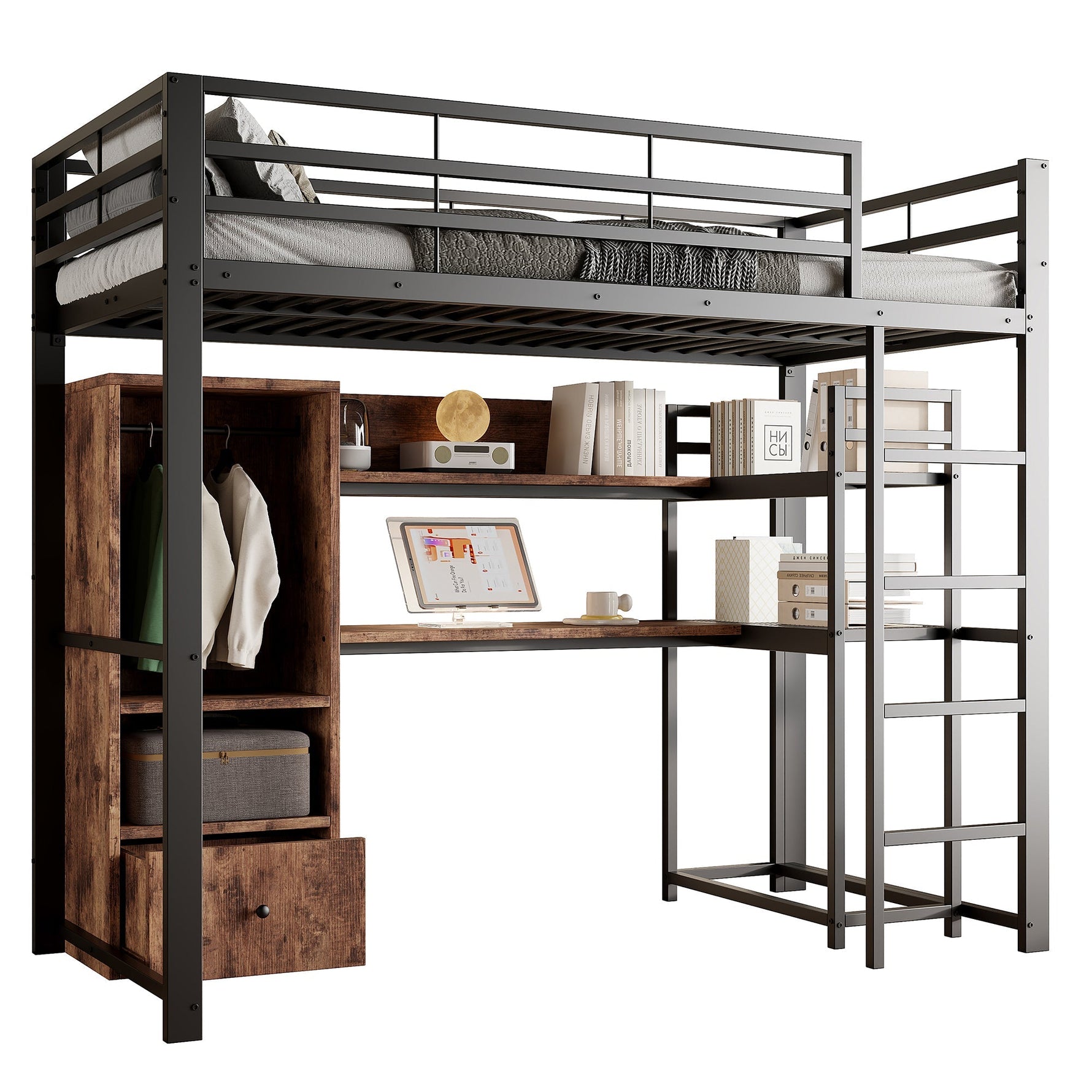 Loft Bed 140x200cm Metal LED Desk Drawer Shelves Stairs - Black