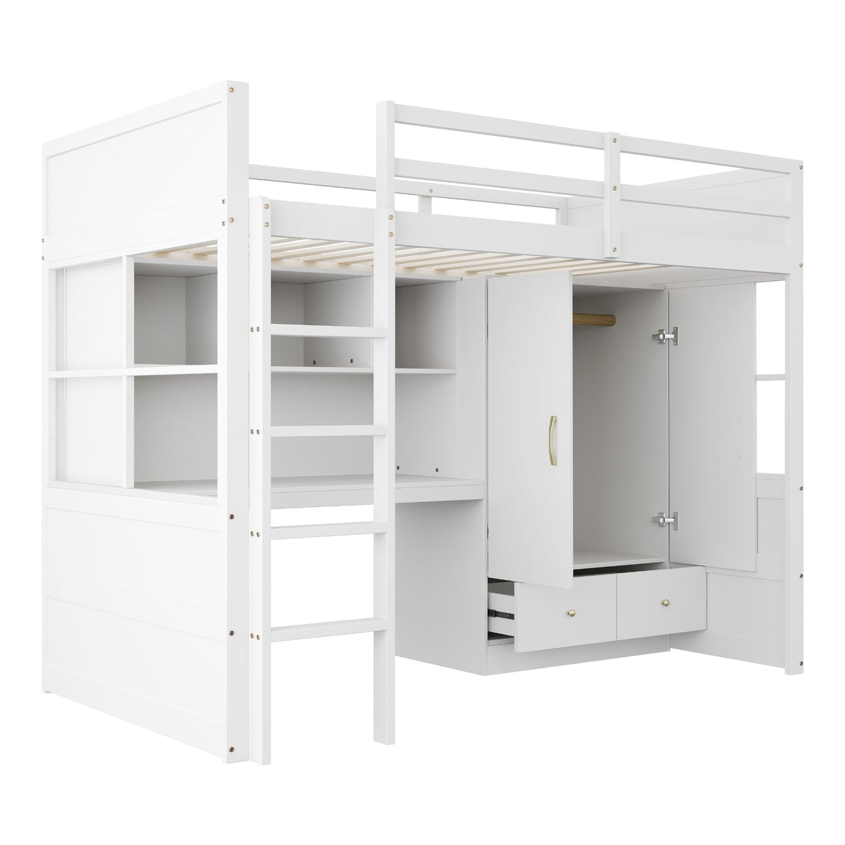 Loft Bed 90x200cm, Ladder, Desk, Wardrobe & Drawers, White