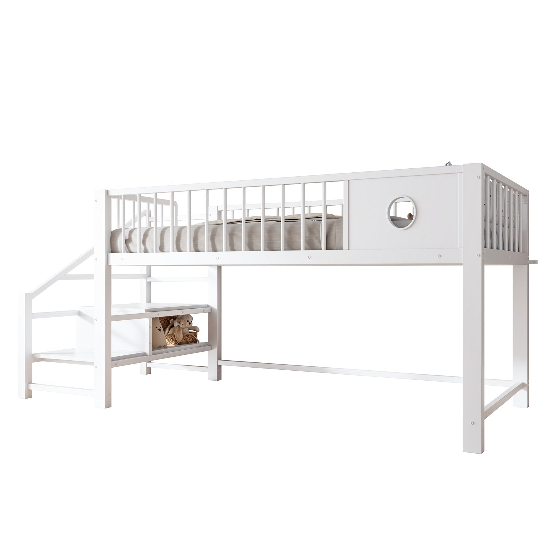 Low Loft Bed for Children with Storage Ladder and Metal Frame, 90x200cm, White