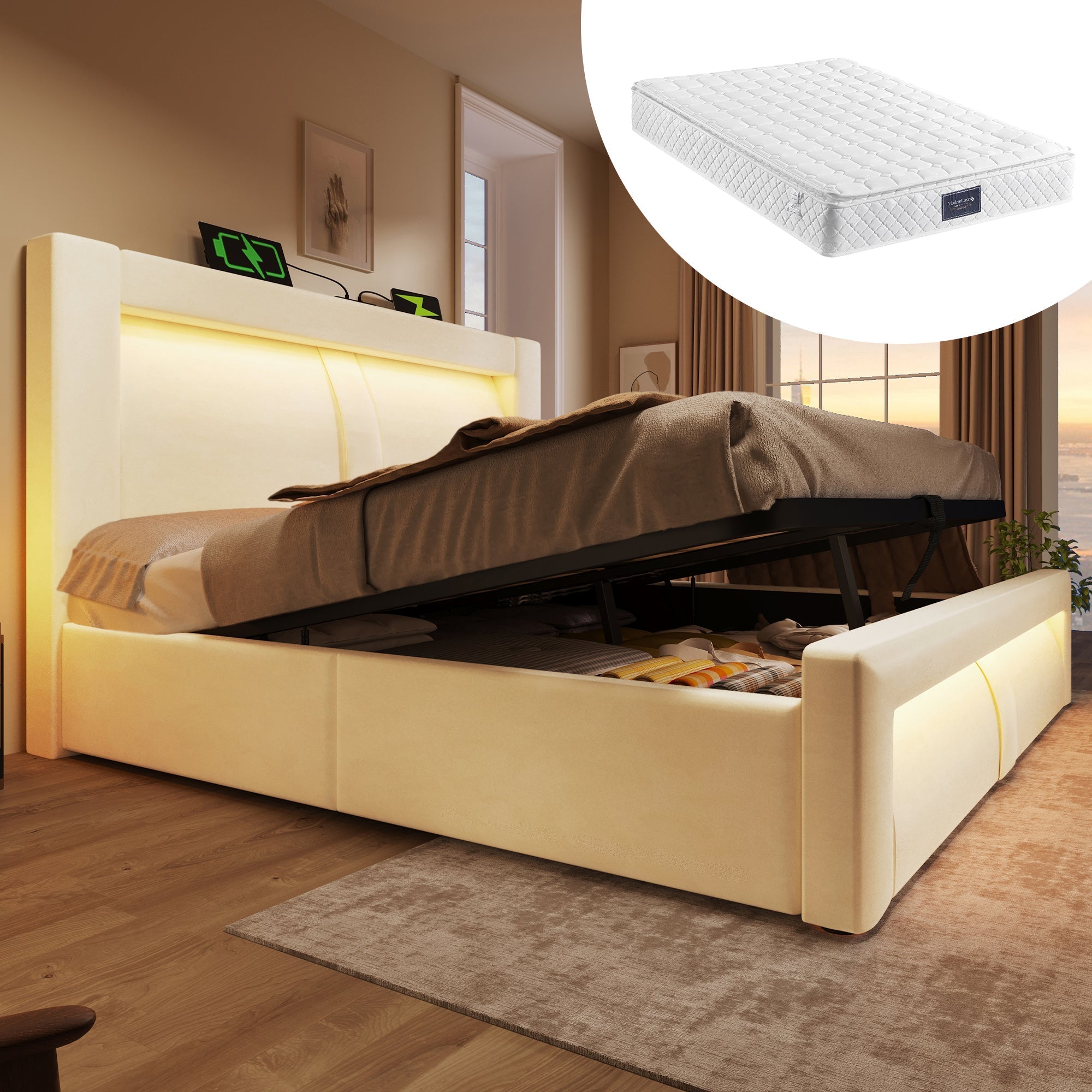 Double Bed 140x200cm, Hydraulic Storage with LED App Control and USB/Type-C Ports, Beige Velvet