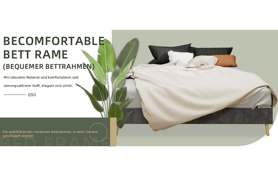 Modern Minimalist Bed Frame - 160x200 cm, Low-Profile, Grey Dutch Velvet