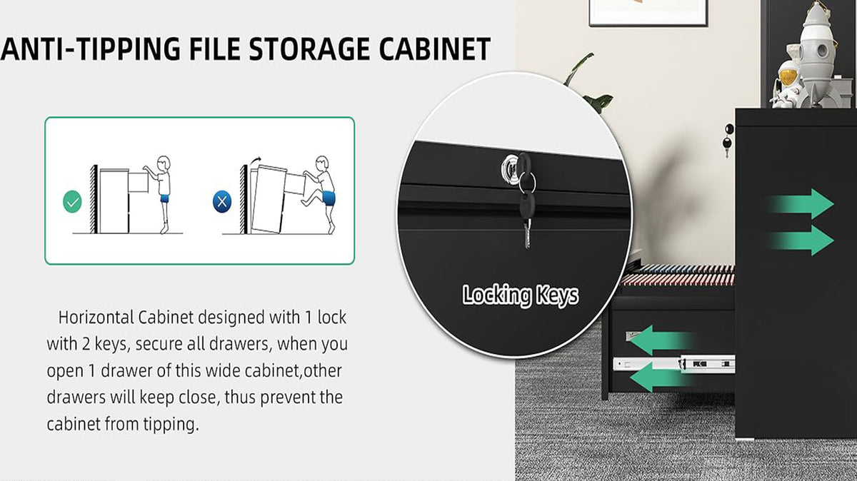 File Cabinet 2 Drawer Metal Lateral Locking Legal/Letter/A4 - Black