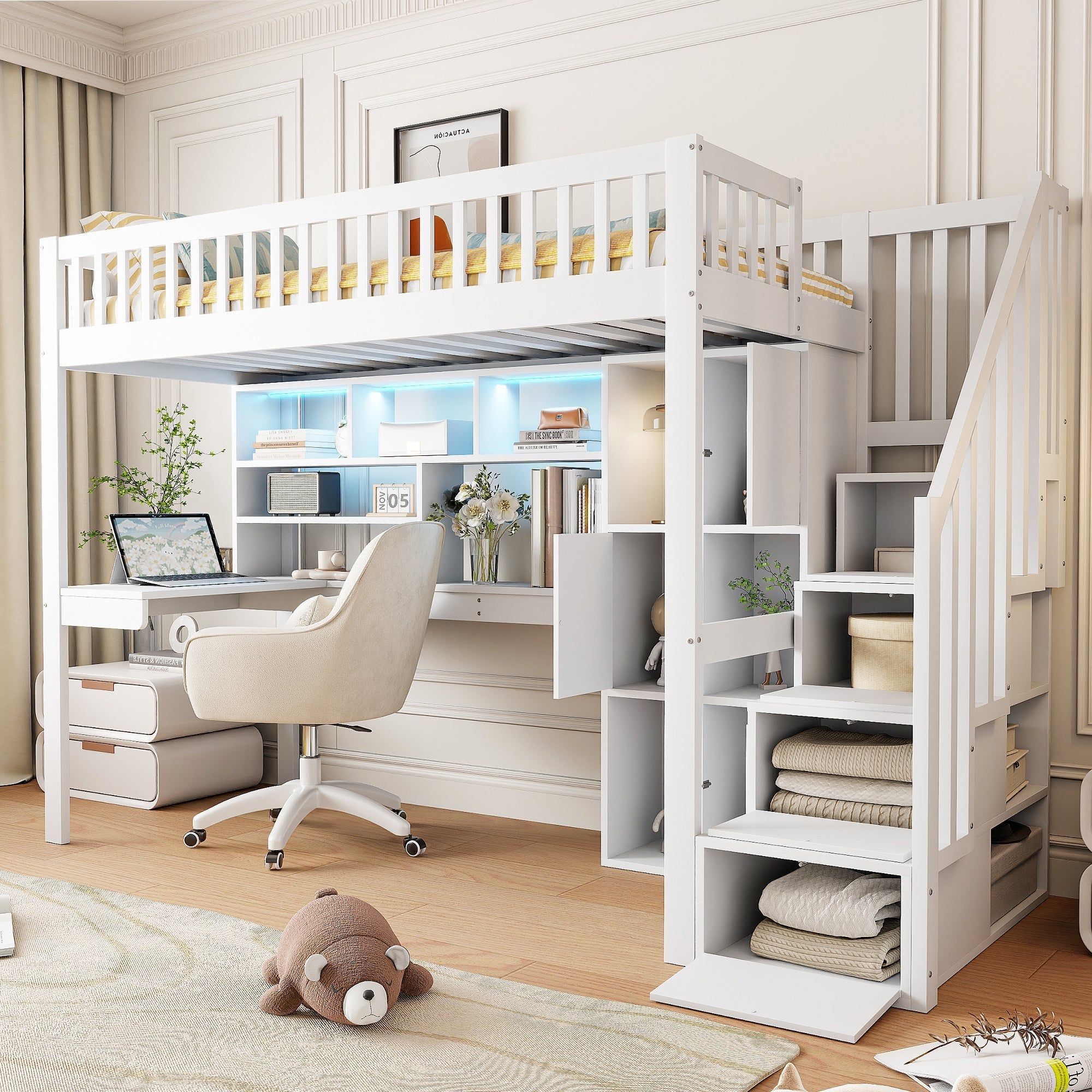 Loft Bed with LED Lights, Desk, Shelves and Storage Ladder, White Pine Wood and MDF