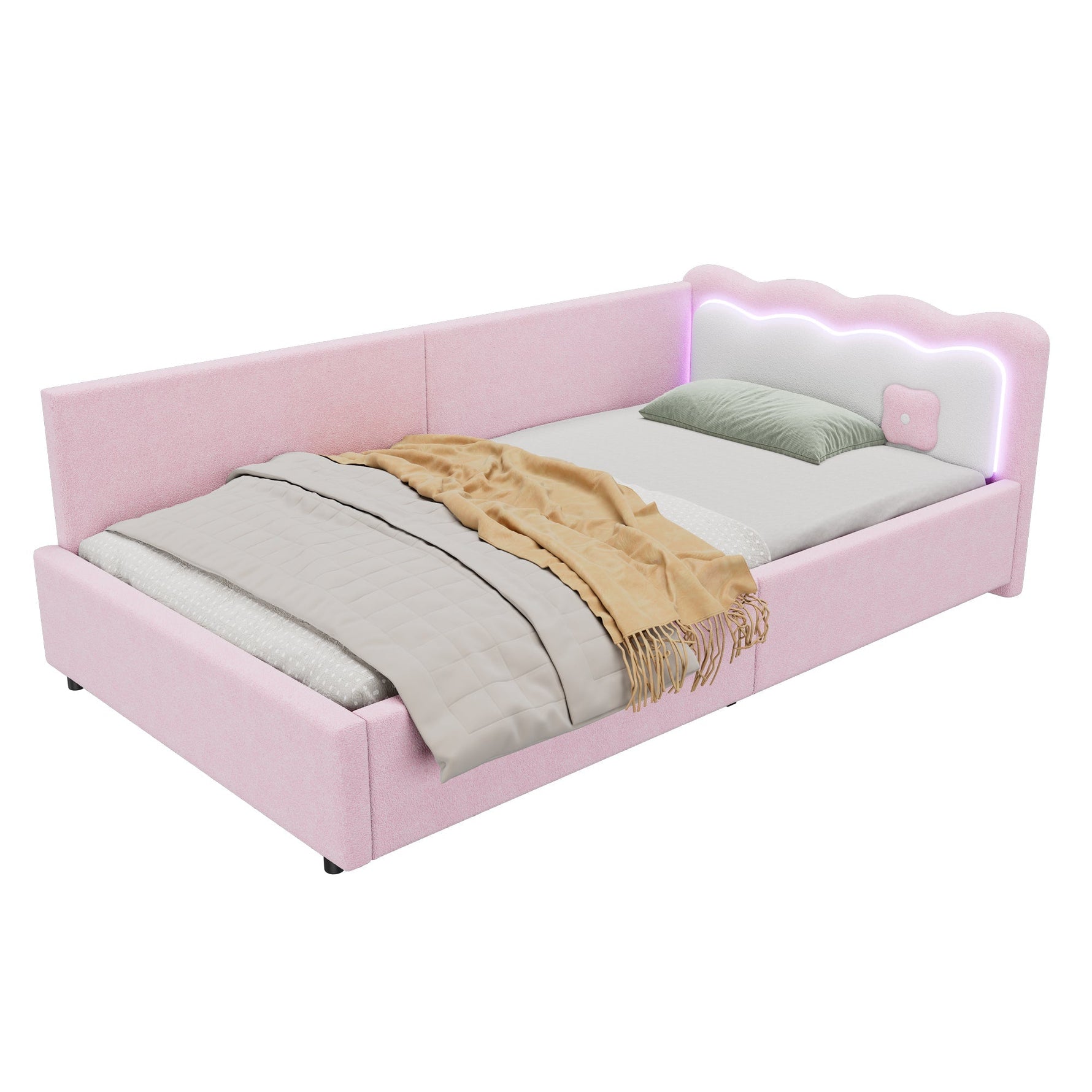Daybed Sofa Bed with LED Ambient Light and Slatted Base, Pink Imitation Fleece