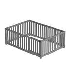Children's bed 140 x 200, wooden floor bed frame with fence and door, grey