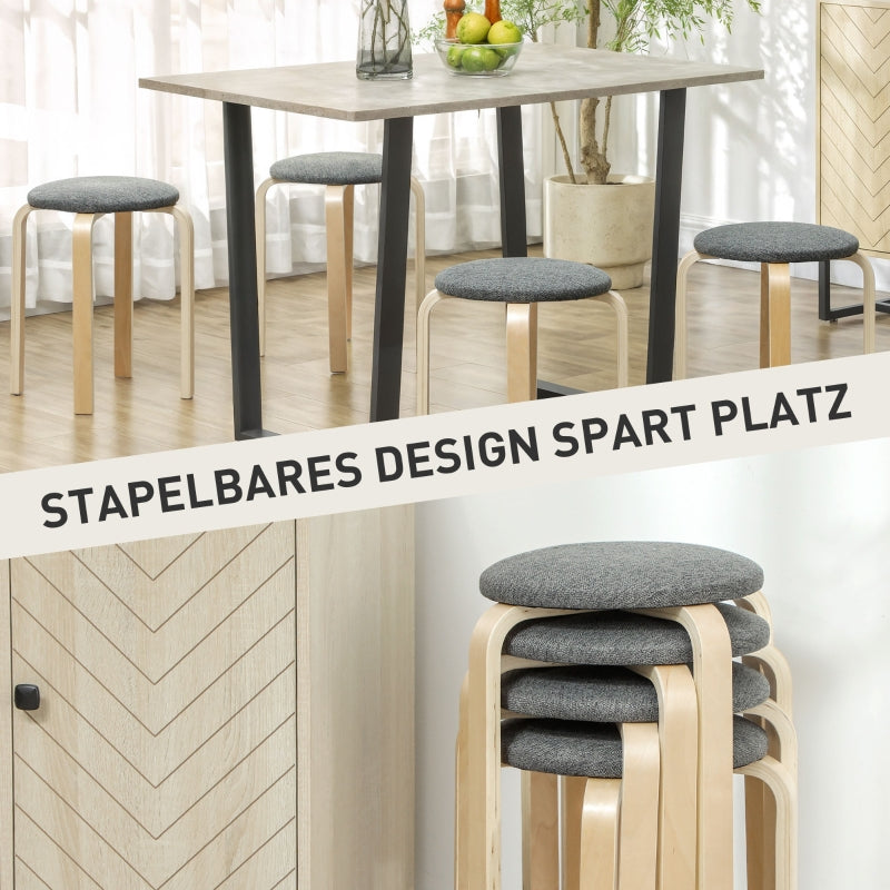 Dining Room Stools, Stackable Round Upholstered, Linen Look Grey