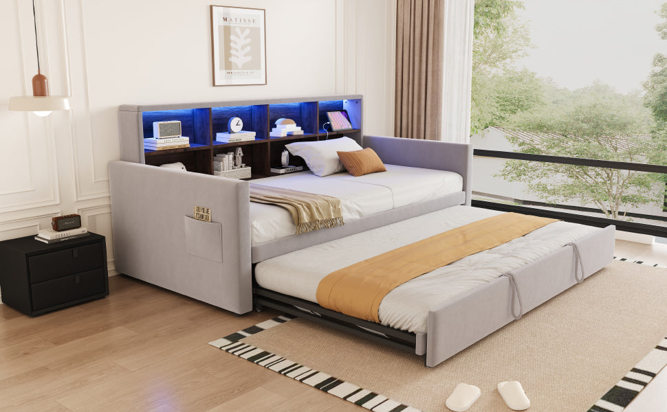 Upholstered Sofa Bed 90x190cm with Storage Headboard, LED Lights and Charging Ports, Velvet, Light Grey