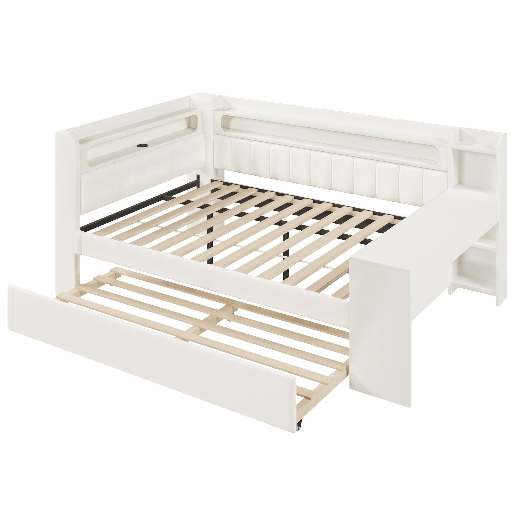 Upholstered Daybed 140x200 with USB, LED, Pull-Out Bed and Desk, White