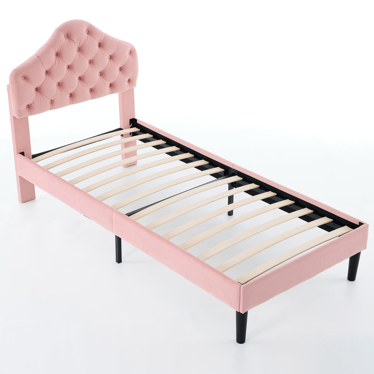 Upholstered Platform Bed Frame with Headboard, 90x200cm, Pink Velvet
