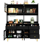 Dining Room Tall Cabinet 145x39x171cm Perforated Glass Doors Wine Rack Storage - Black/Gold
