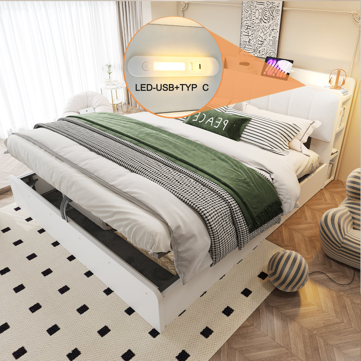 Wooden Flatbed 180x200cm with Hydraulic Storage & USB, White