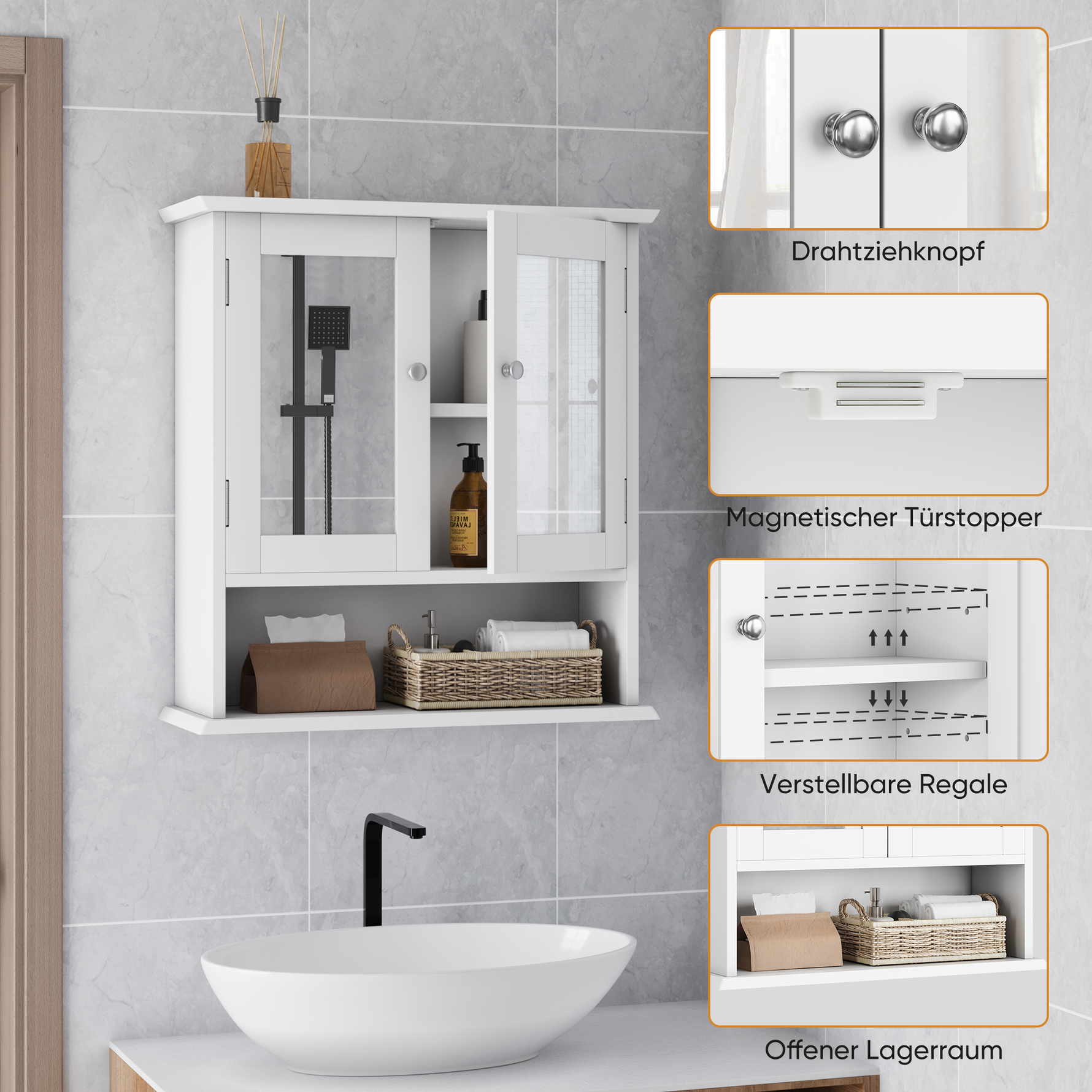 Bathroom Cabinet, Mirror & Adjustable Shelf, White