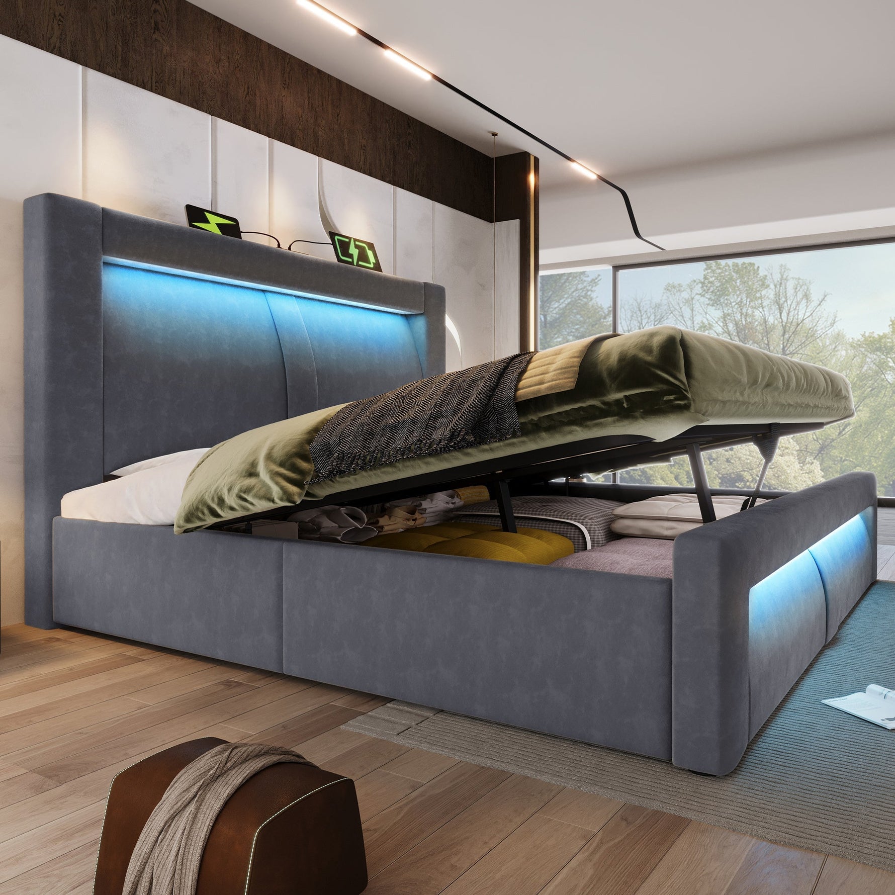Double Bed with Hydraulic Storage, LED Lighting and USB Charging, Grey Velvet