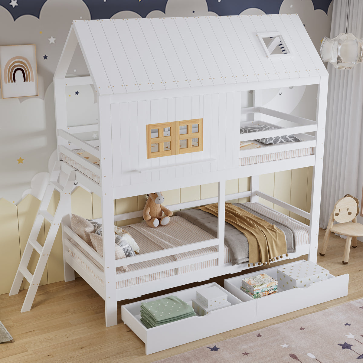 Children's Bunk Bed with Roof, Windows & Drawers, White Pine