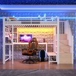 Loft Bed 90x200cm with Desk, LED Lighting & Storage - White