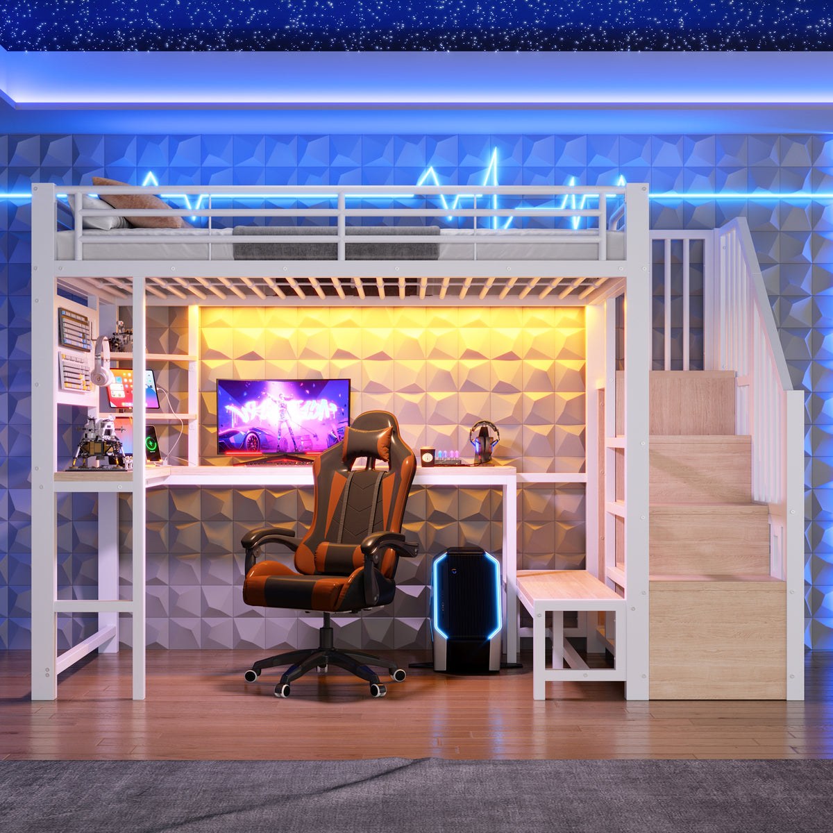 Loft Bed 90x200cm with Desk, LED Lighting & Storage - White