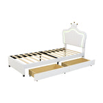 Children's Bed Upholstered Single Crown Girl's with Storage Drawers & LED Lights, White PU Leather