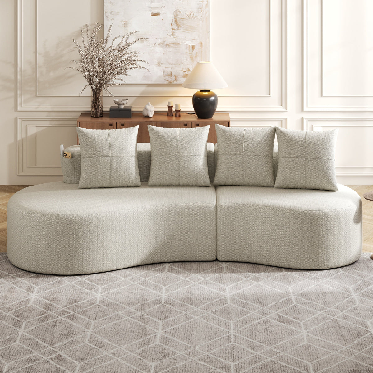 Linen Sofa with 4 Cushions, Cup Holder and Side Pocket, Beige