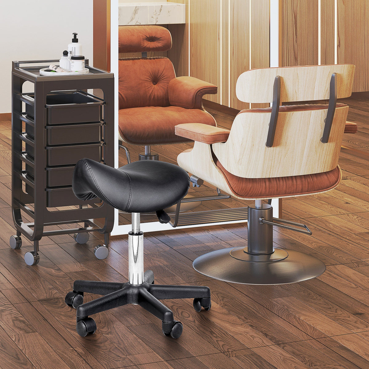 Rolling Stool, Height-Adjustable Swivel with Wheels, Black Faux Leather
