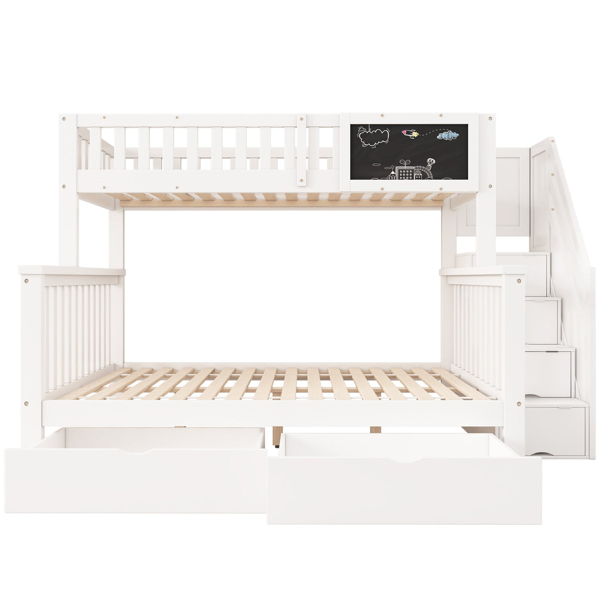Children's Bunk Bed with Chalkboard and Drawers, 90x200 & 140x200cm, White