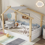Wooden Bed, House Design Single, Pine + Chipboard + MDF, White + Natural