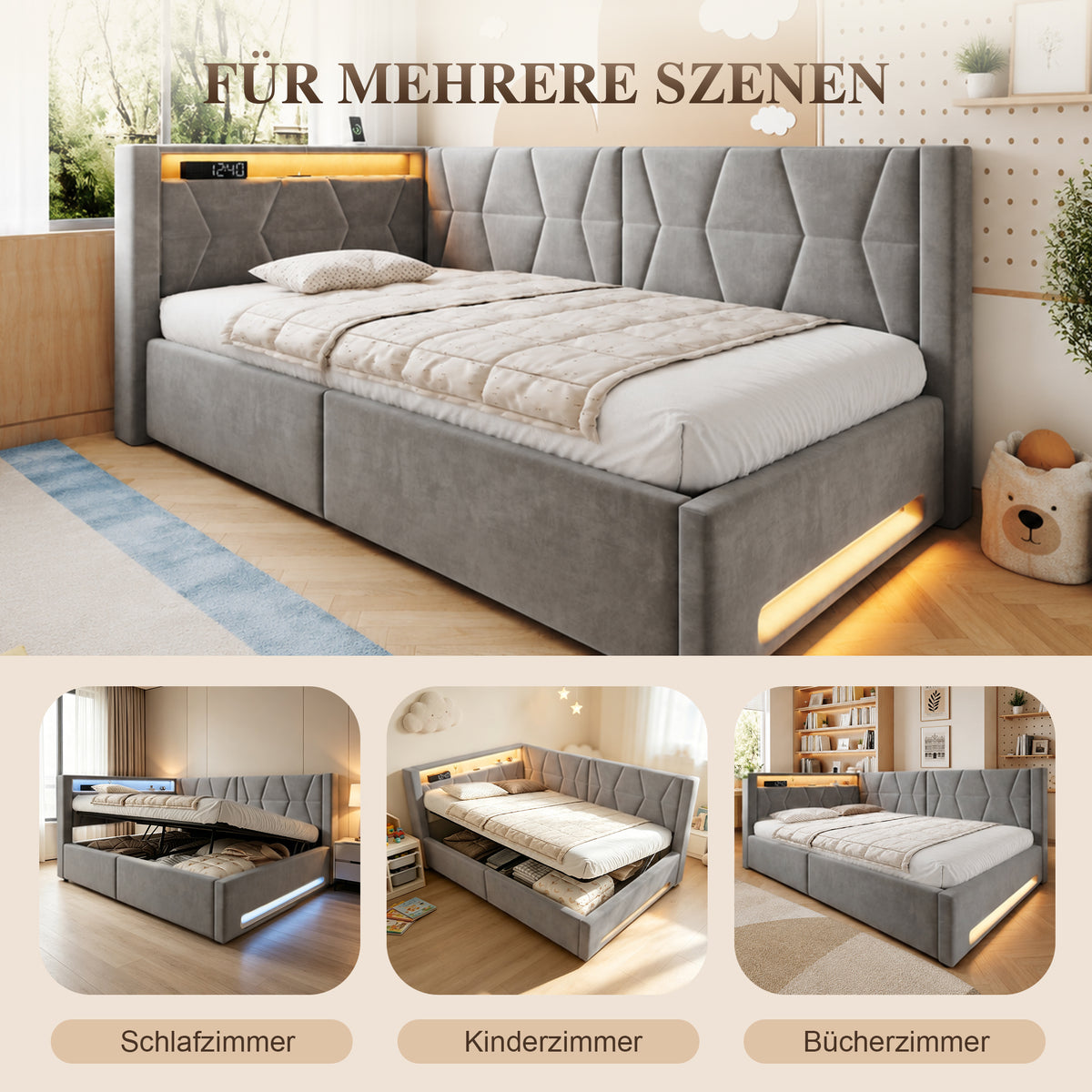 Upholstered Bed 90x200 cm with Storage & LED, Grey Velvet