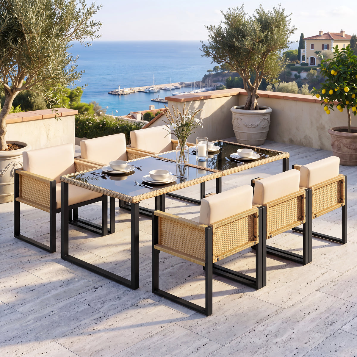 6-Person Garden Dining Set with Armchairs, Polyrattan