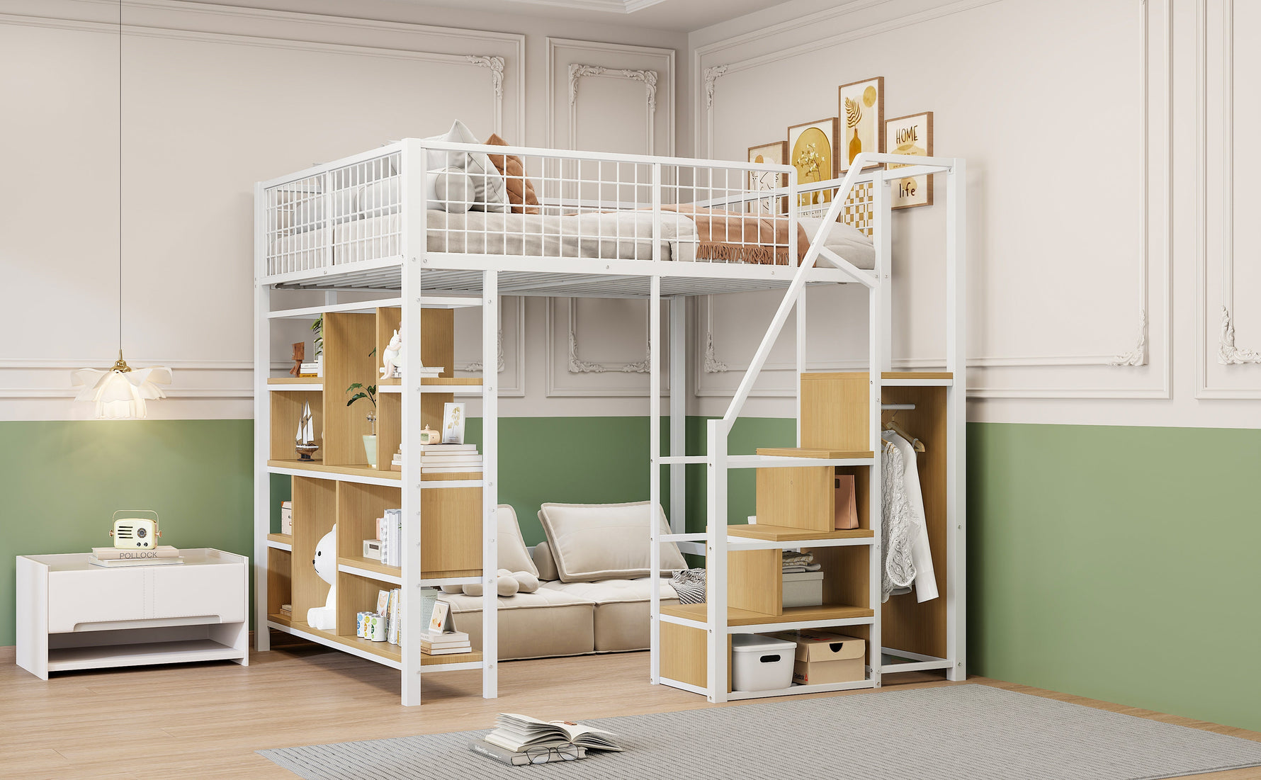 Multifunctional Loft Bed 140x200cm Storage Shelves Stairs Adults/Kids Metal White
