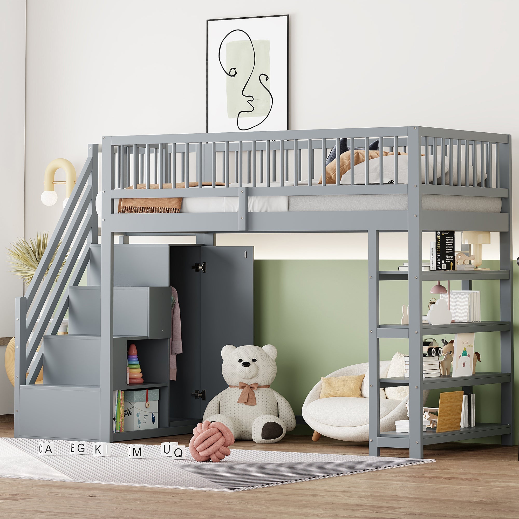 Loft Bed with Wardrobe, Shelves, Storage, Ladder, 90 x 200, Solid Wood, Grey