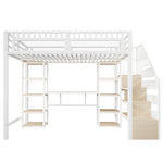 Loft Bed with Desk, Storage Ladder, LED Lights and USB Port, White Metal and MDF