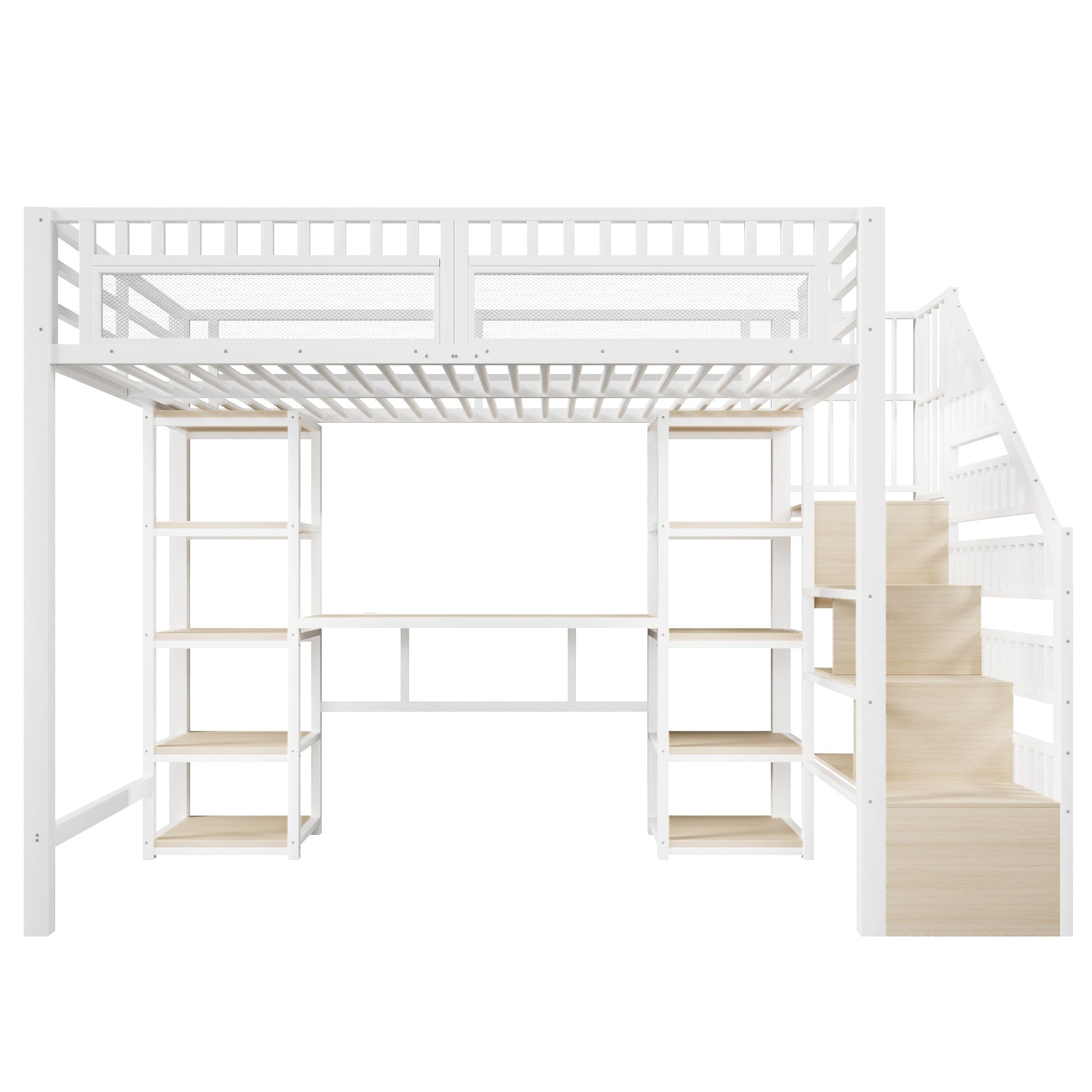 Loft Bed with Desk, Storage Ladder, LED Lights and USB Port, White Metal and MDF