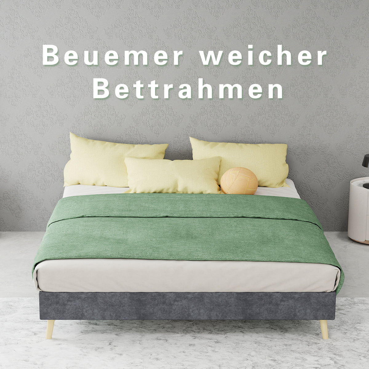 Modern Minimalist Bed Frame, 140x200cm with Mattress, Gray Velvet