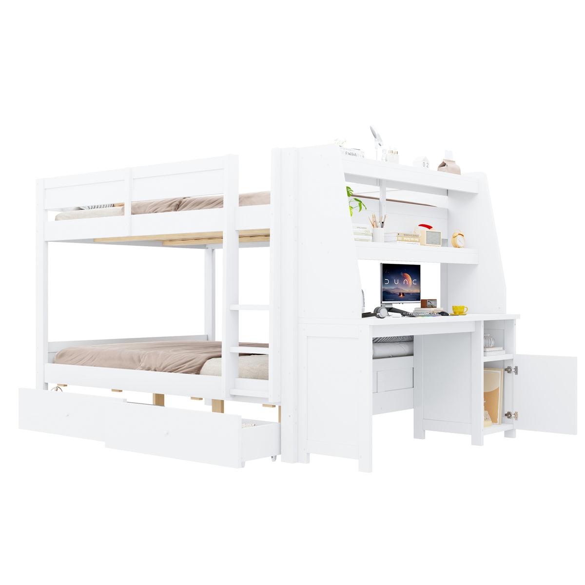Bunk Bed 140x200cm with Desk, Cabinet & Drawers, White
