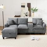 Modern L-shaped Corner Sofa Convertible Console Cup Holders USB Corduroy Fabric