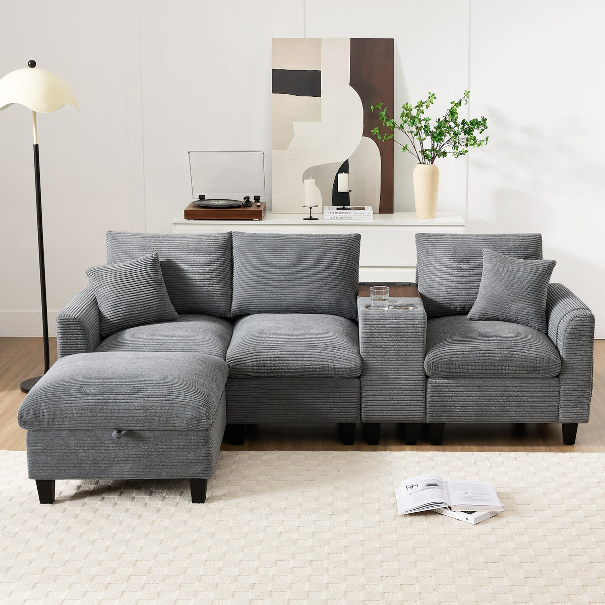 Modern L-shaped Corner Sofa Convertible Console Cup Holders USB Corduroy Fabric