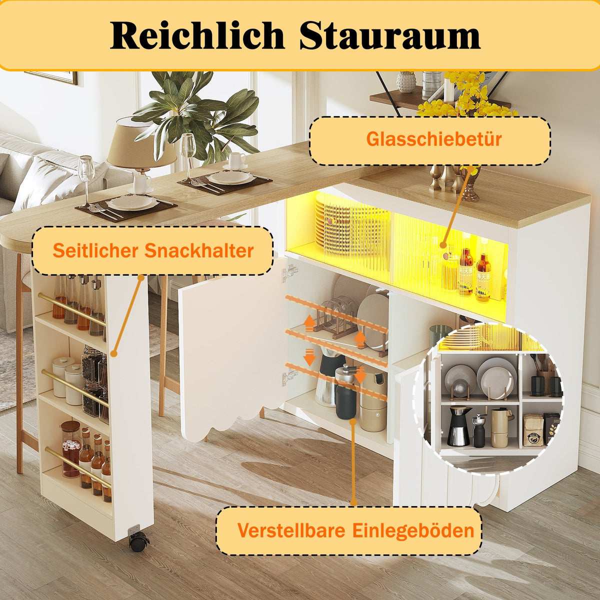 Telescopic Bar Table Storage LED Movable - White