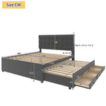 Upholstered Double Bed with 3 Drawers and Extendable Bed, 140x200cm, Grey