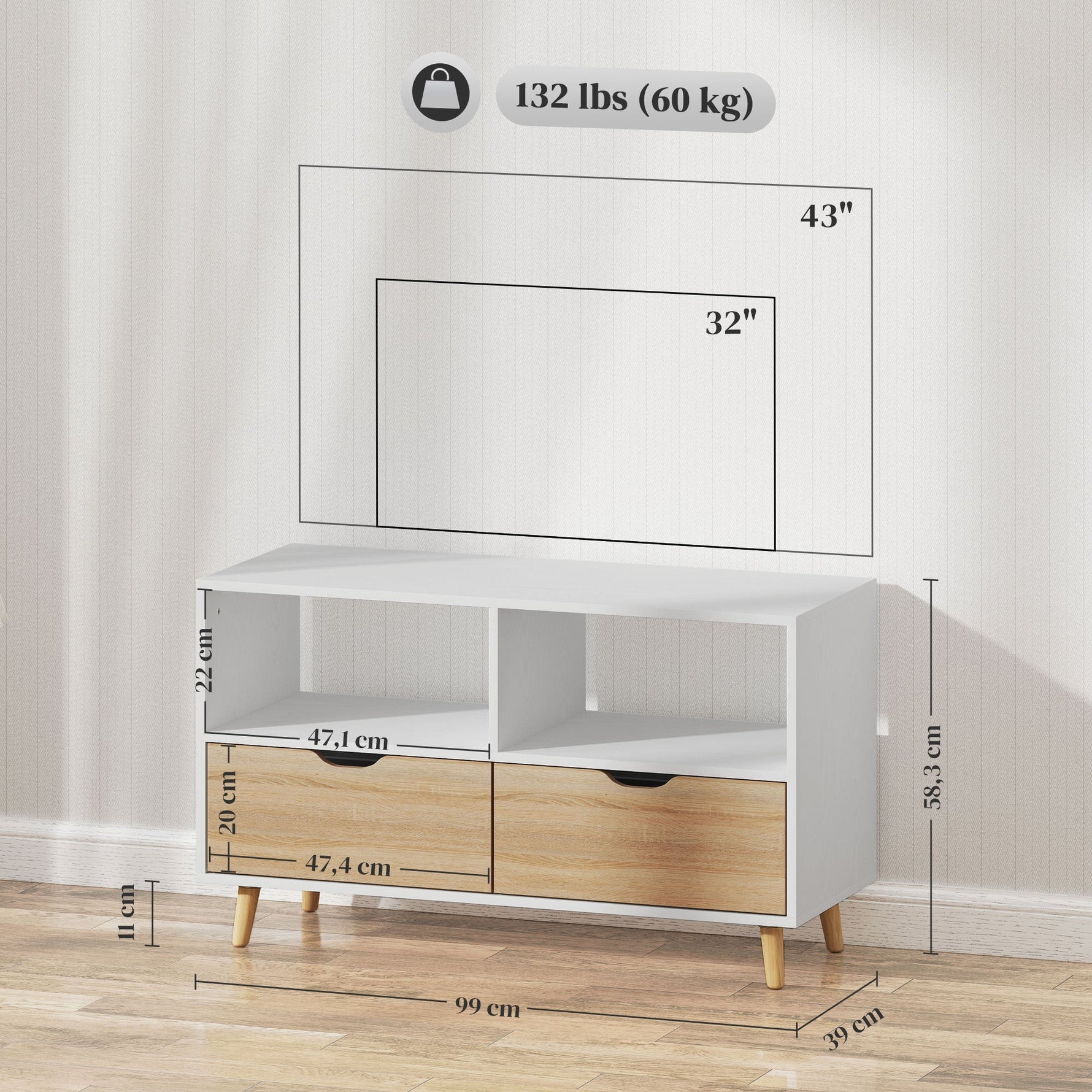 TV Cabinet Lowboard, 2 Shelves, Drawer, White