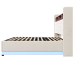 LED Upholstered Bed with USB & Hydraulic Storage, Linen Beige