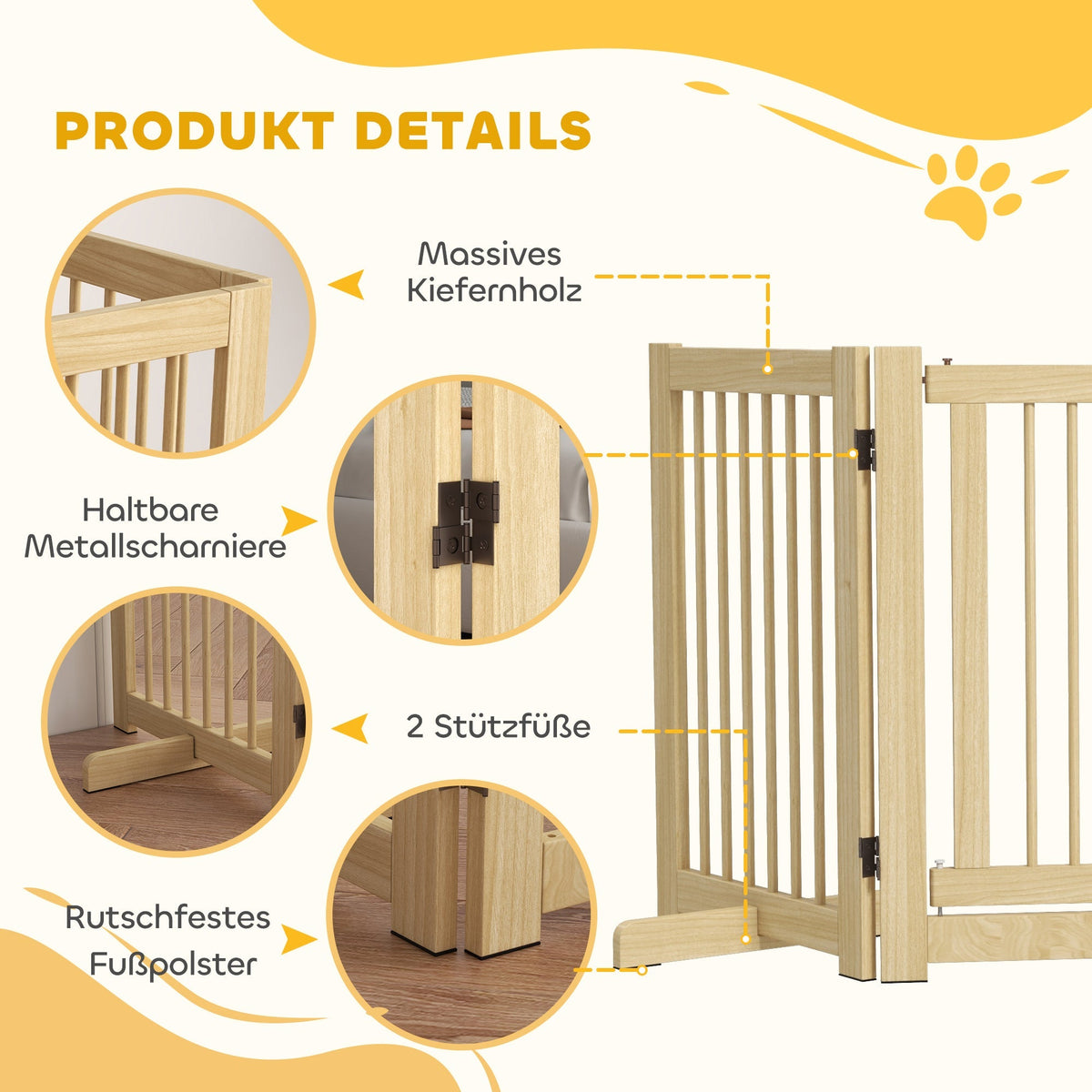 Dog Barrier 4-part 204 x 75 cm Foldable with Door, Wooden Natural