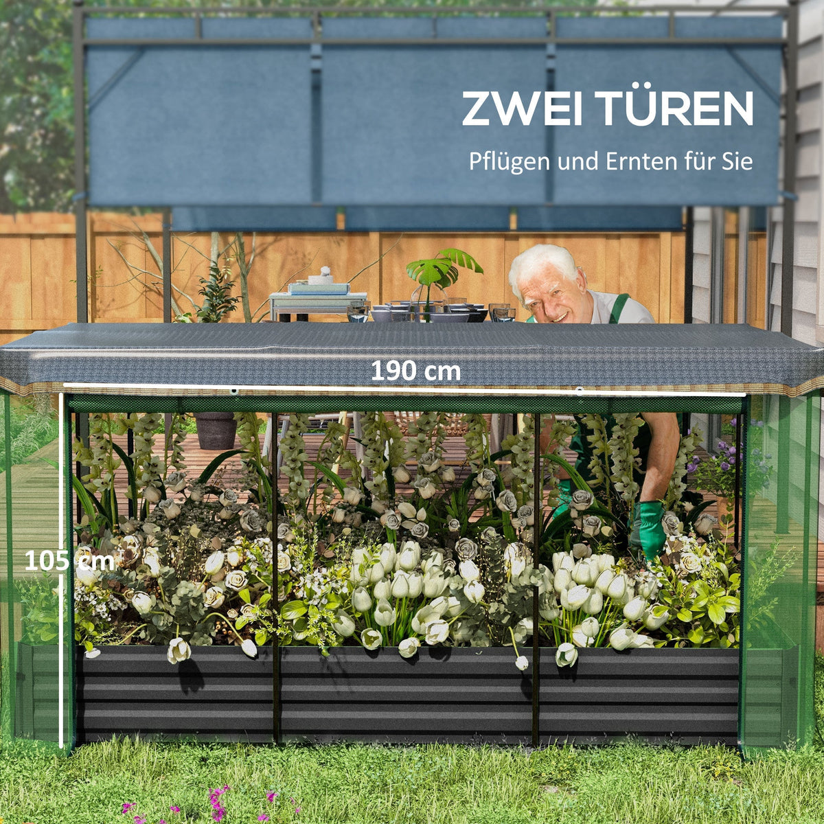 Raised Garden Bed, Steel, Bird Netting, 230x110x110cm, Dark Grey