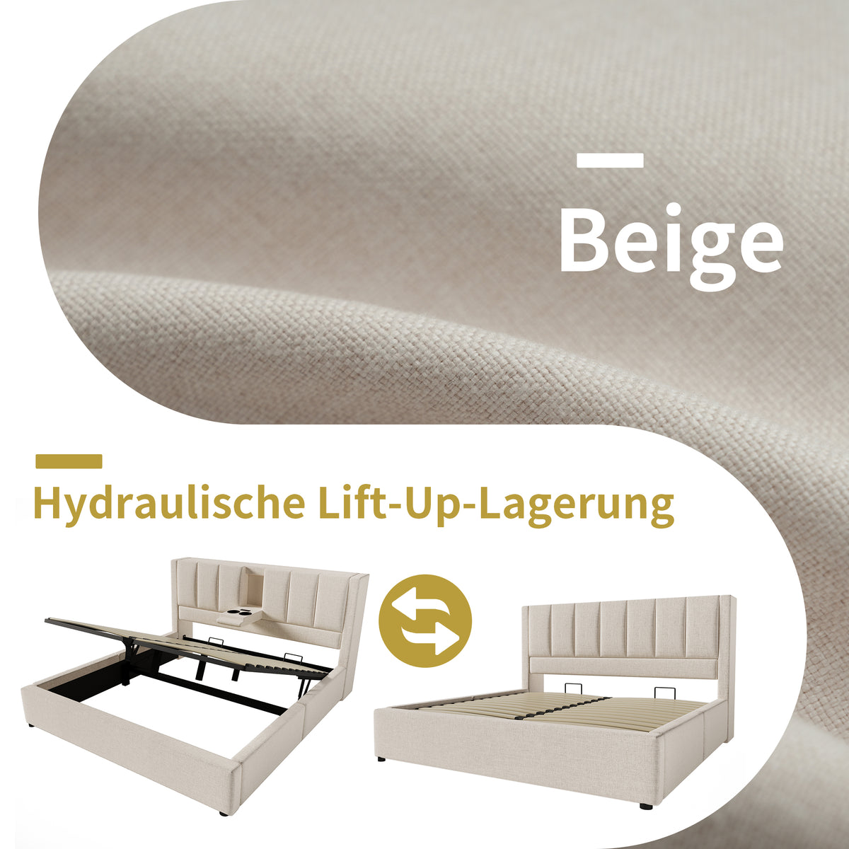 Upholstered Double Bed 180x200cm Hydraulic Storage, Linen Beige