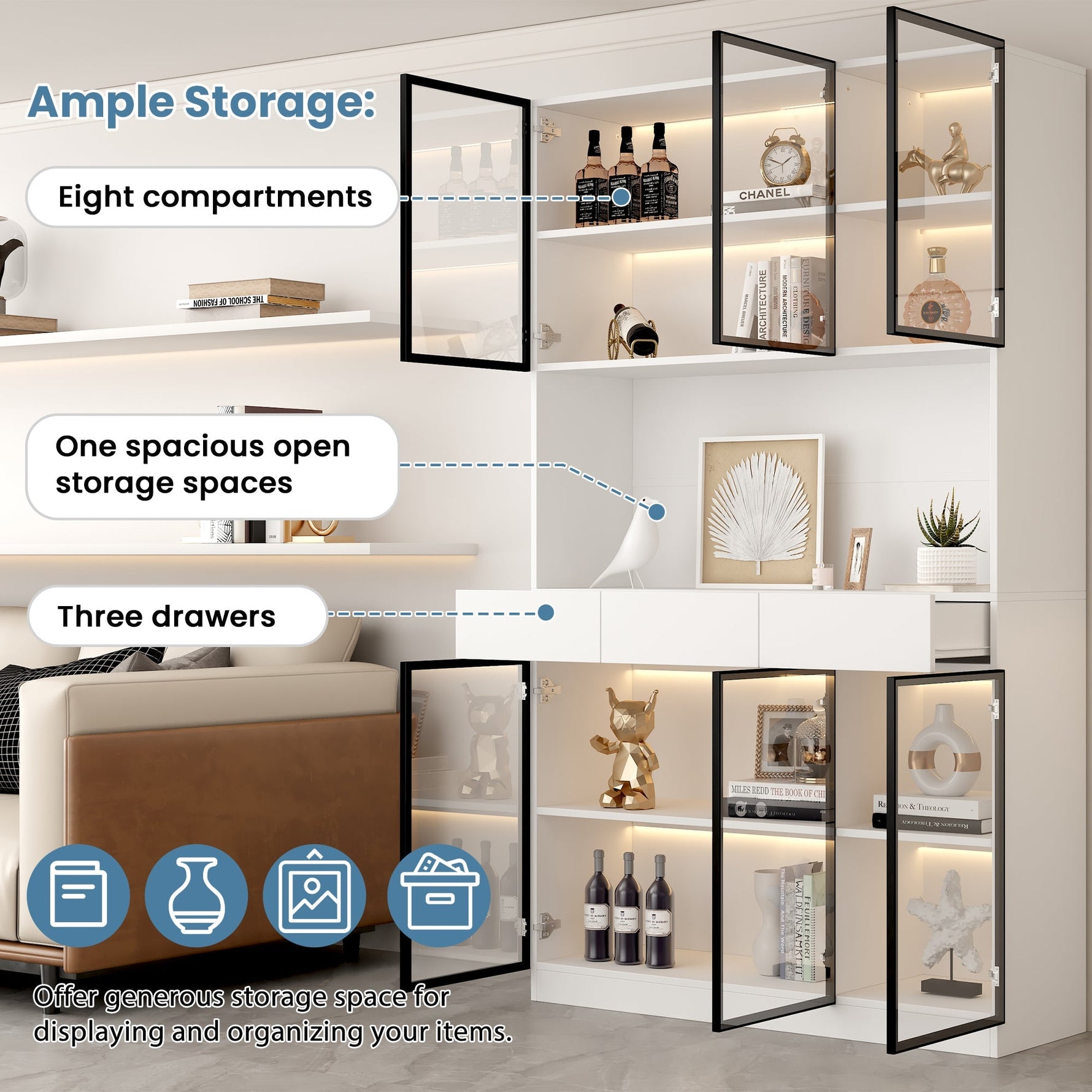 White Display Cabinet with LED Lights and 6 Glass Doors, 200cm High, White and Black Aluminium Frame