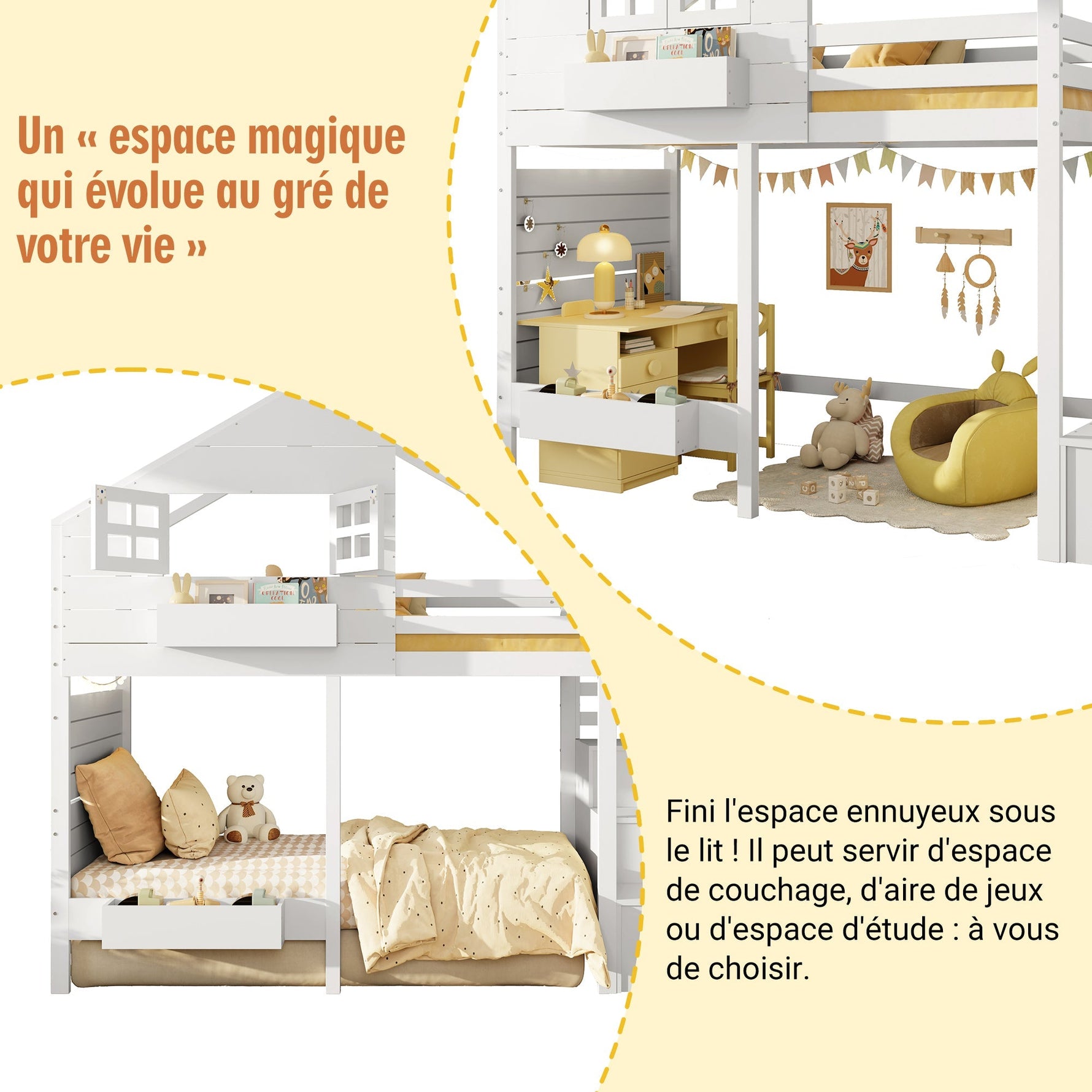 Bunk Bed with Storage Stairs and Fall Protection, 90x200cm, White Solid Wood